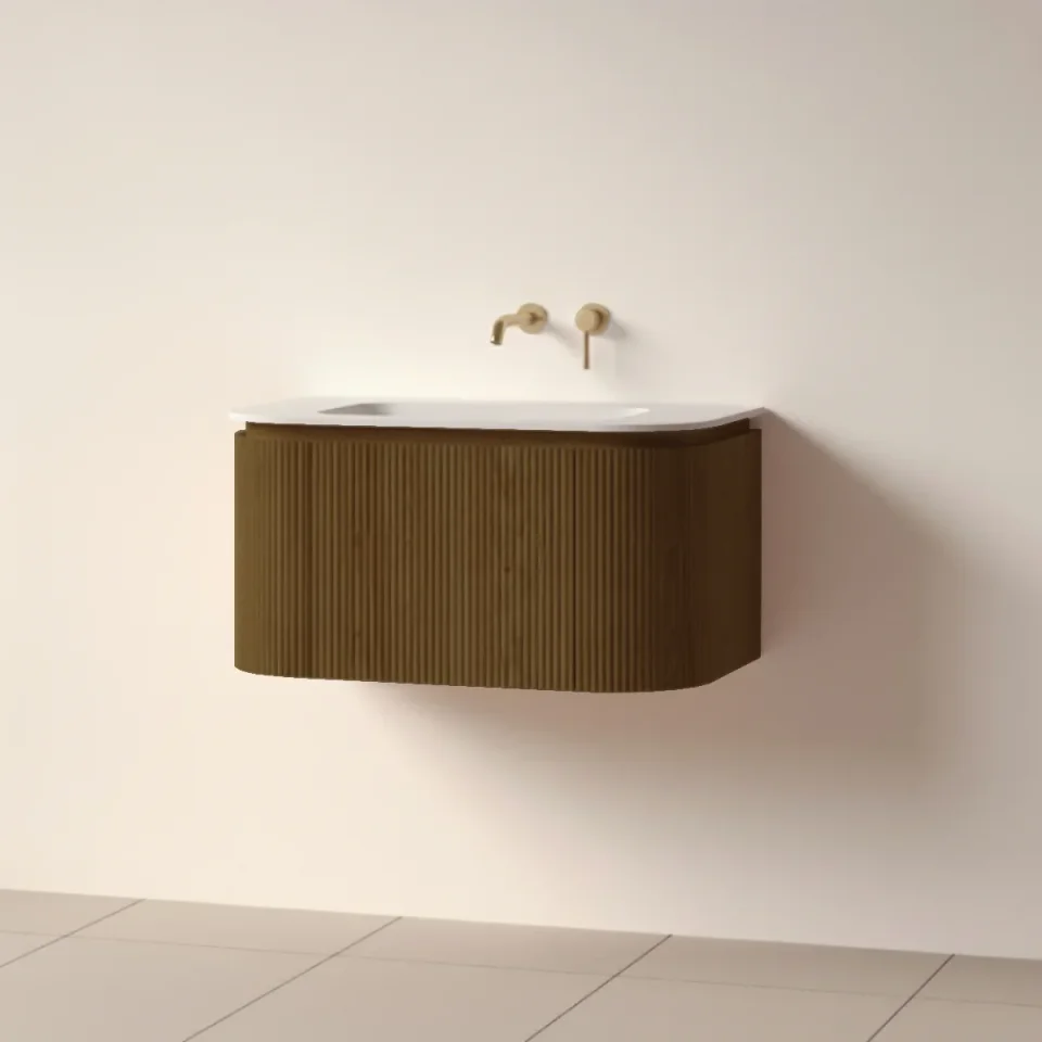 Faeber Lunar 3 Drawer Curved Fluted 800mm Vanity Unit Walnut With Matt White Basin 0th product image - Image 1