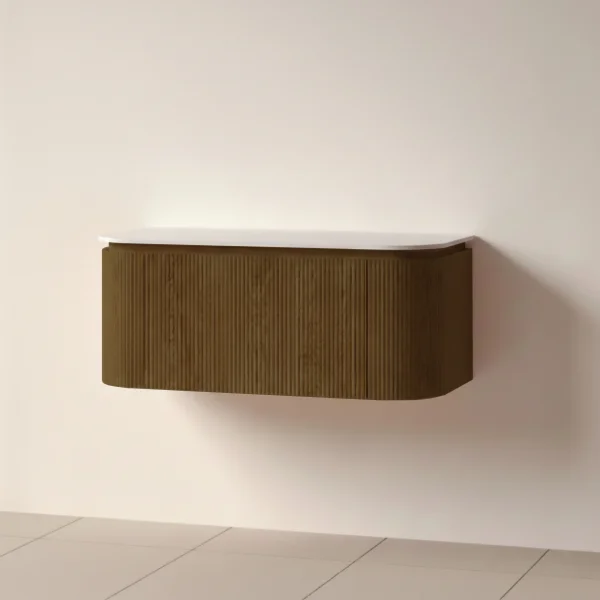 Faeber Lunar 3 Drawer Curved Fluted 1000mm Vanity Unit Walnut With Matt White Countertop