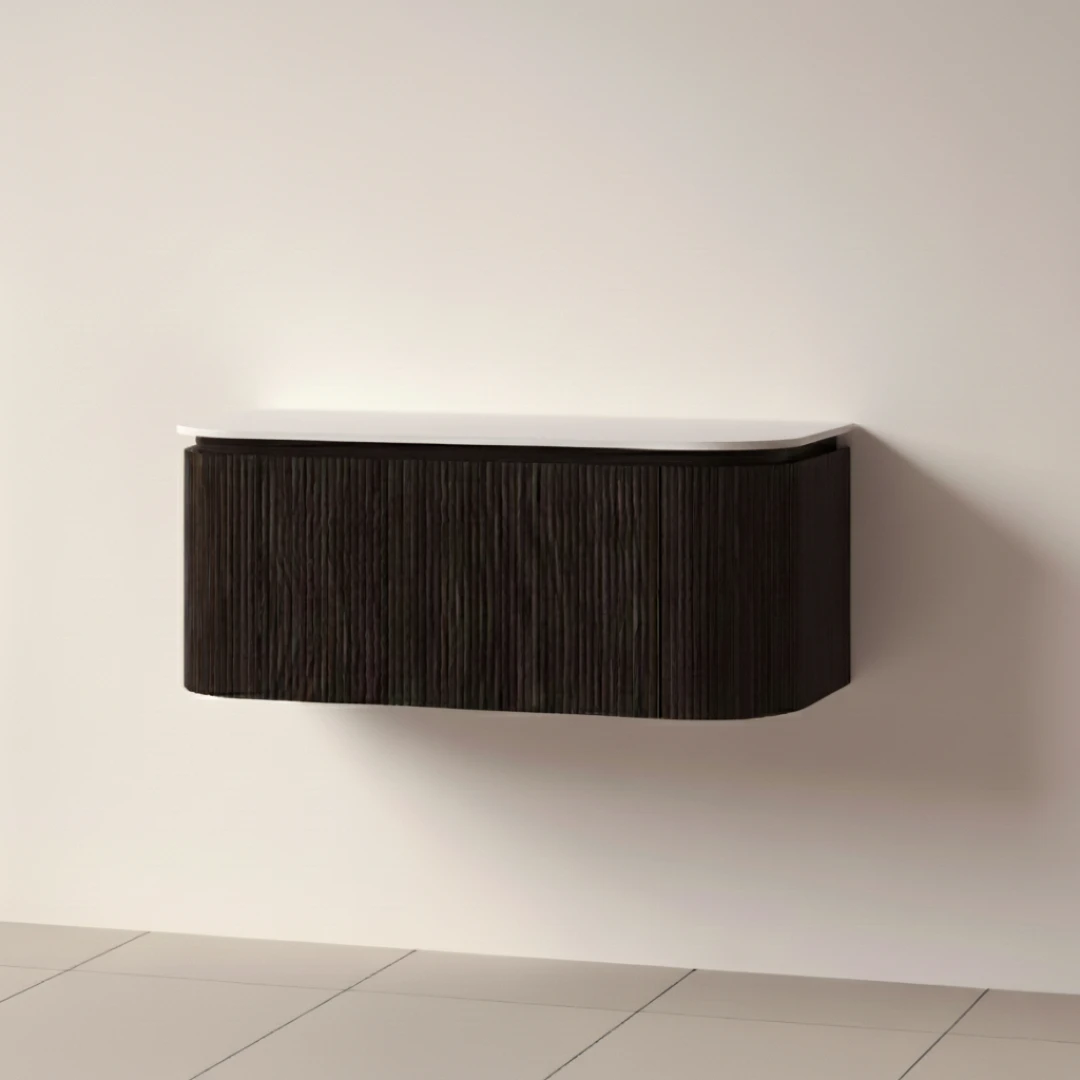 Faeber Lunar 3 Drawer Curved Fluted 1000mm Vanity Unit Black Walnut With Matt White Countertop