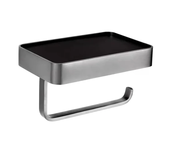 Just Taps Vos Toilet Roll Holder With Mobile Phone Shelf Brushed Black