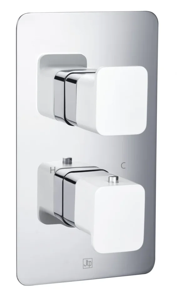 Just Taps Axel Thermo Concealed 2 Outlet Shower Valve Matt White Handle Chrome product image - Image 1