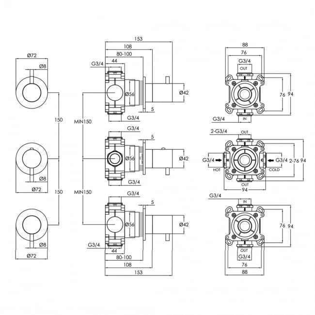 Just Taps Vos Modular 3 Handle 2 Outlet Thermostatic Shower Valve Chrome