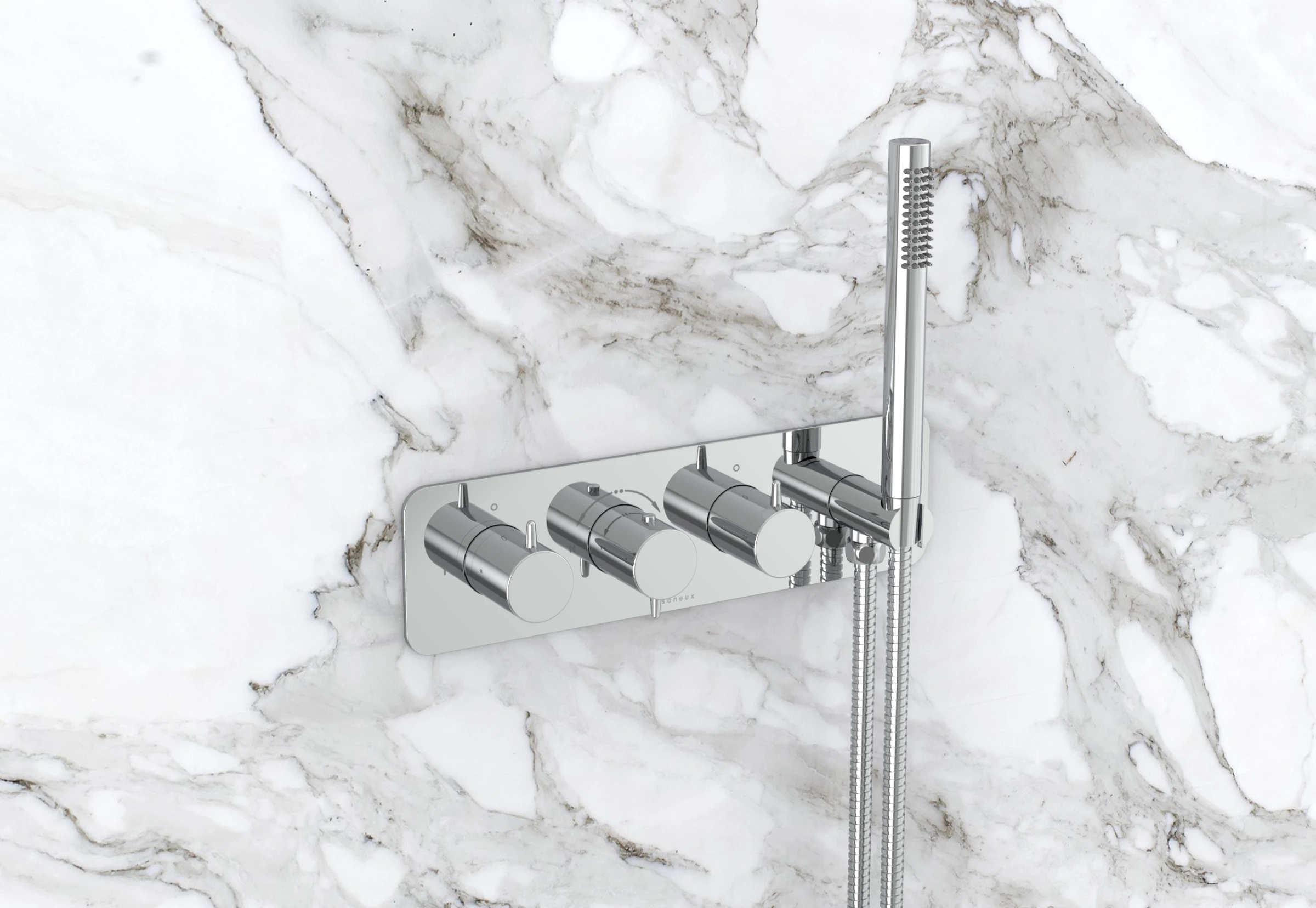 Saneux Eden 3 Way Thermostatic Shower Valve Kit In Landscape With Handspray - Brushed Nickel