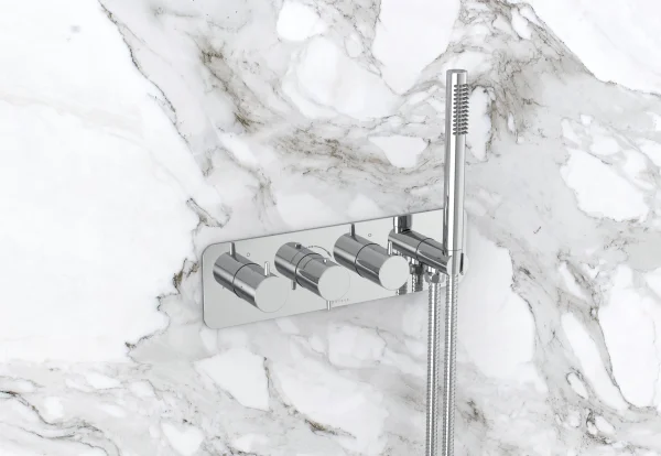 Saneux Eden 3 Way Thermostatic Shower Valve Kit In Landscape With Handspray - Brushed Nickel