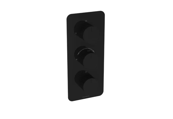Saneux Cos 2 Way 3 Handle Thermostatic Shower Valve Kit - W/ Fluted Handle - Portrait - Satin Black (pvd)