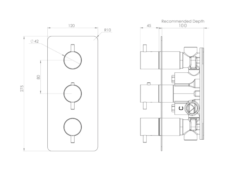 Saneux Cos 2 Way 3 Handle Thermostatic Shower Valve Kit - W/ Classic Handle - Portrait - Chrome detail view - Image 2