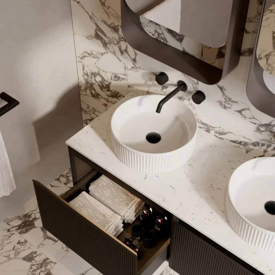 Saneux Monument 120cm Kit - 2 X 60cm 1 Drawer Wall Mounted Unit & 120cm Countertop - Matte Black detail view - Image 3