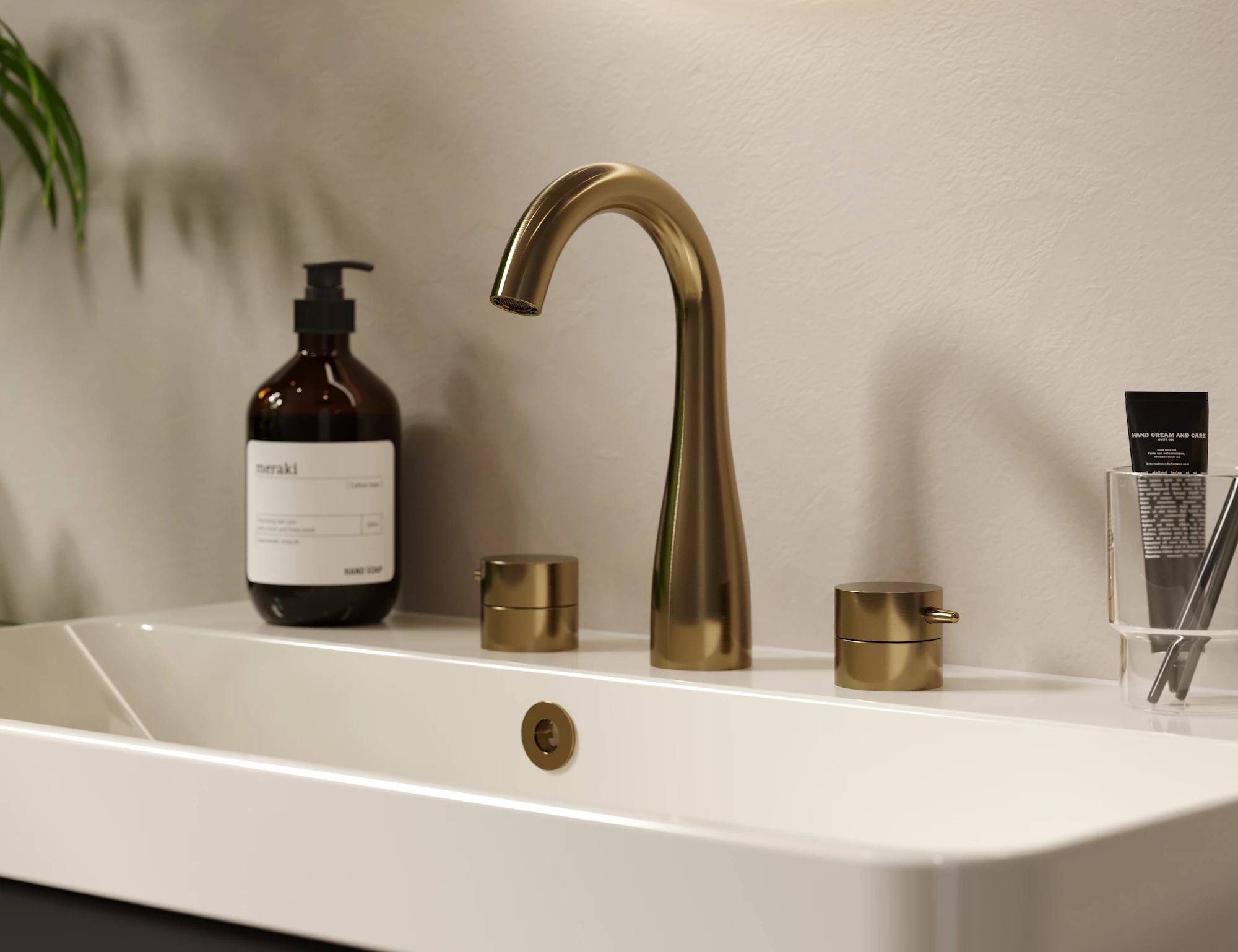 Saneux Eden 3 Piece Deck Mounted Basin Mixer - Brushed Brass