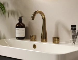 Saneux Eden 3 Piece Deck Mounted Basin Mixer - Brushed Brass