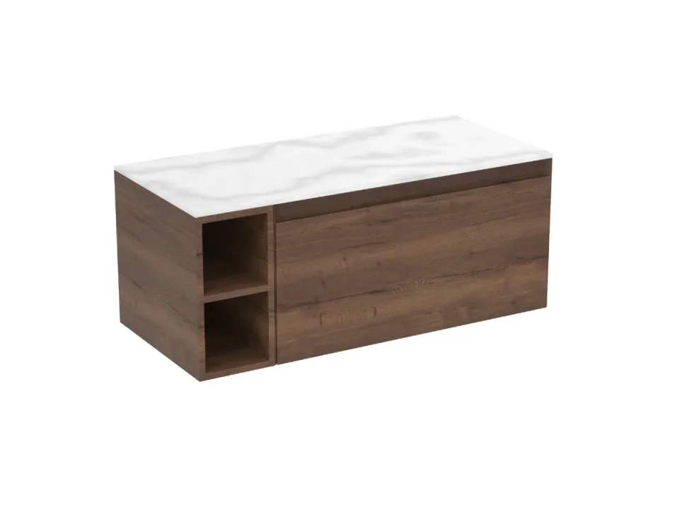 Saneux Uni 100cm Kit - 80cm 1 Drawer Wall Mounted Unit, 20cm Spacer & 100cm Countertop - English Oak detail view - Image 4