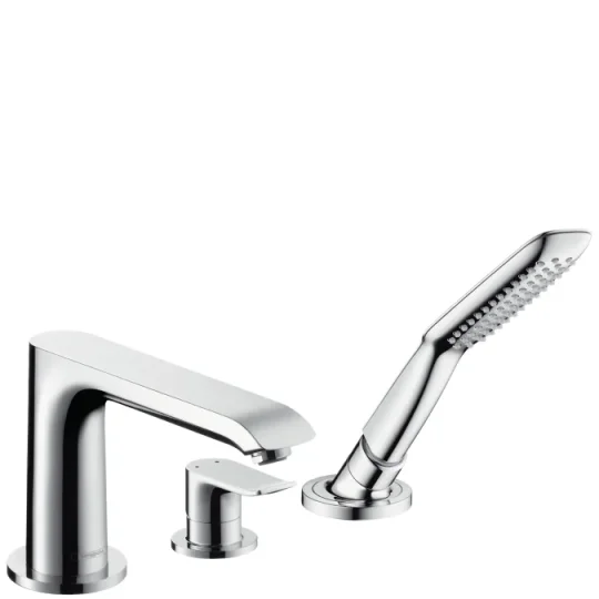 Hansgrohe Metris 3-hole Rim-mounted Single Lever Bath Mixer Chrome detail view - Image 2