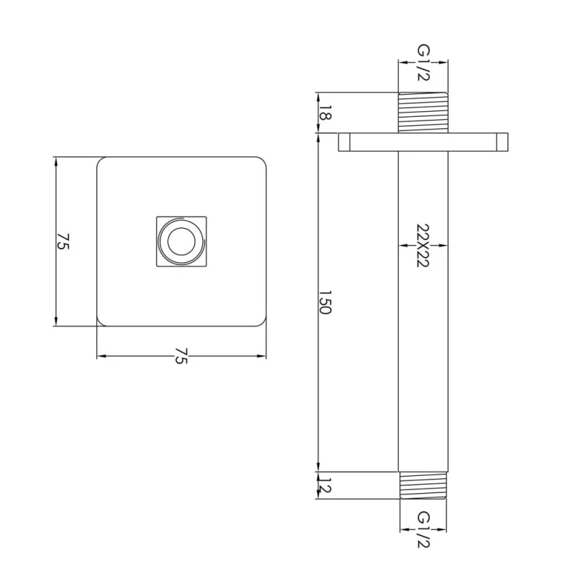 Just Taps Hix Ceiling Shower Arm 150mm Matt Black detail view - Image 2