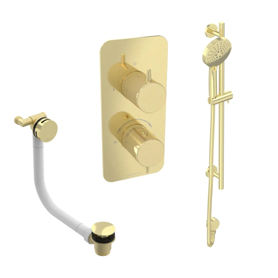 Saneux Eden 2 Way Shower Kit - W/ 3 Function Handset & Slider Rail & Bath Filler - Brushed Brass product image - Image 1