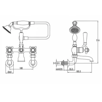 Just Taps Grosvenor Lever Wall Mounted Bath Shower Mixer With Kit Matt Black detail view - Image 2