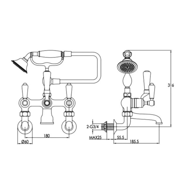 Just Taps Grosvenor Lever Wall Mounted Bath Shower Mixer With Kit Chrome detail view - Image 2