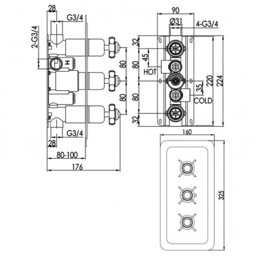 Just Taps Grosvenor Pinch -Therm 2 Outlet Valve Horizontal Matt Black detail view - Image 2