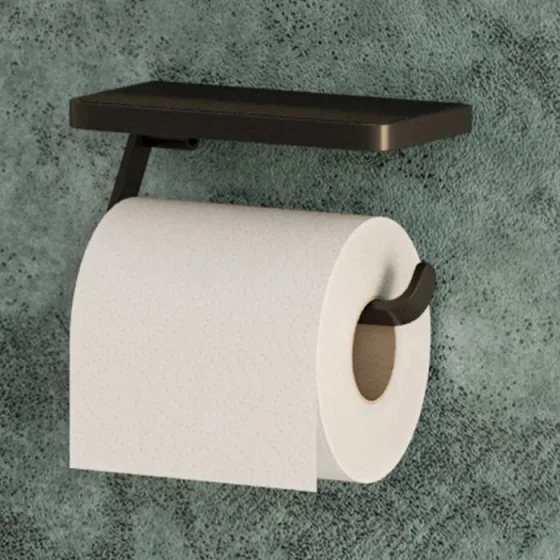 Hib Atto (black) Toilet Roll Holder With Shelf & Anti-slip Mat detail view - Image 2