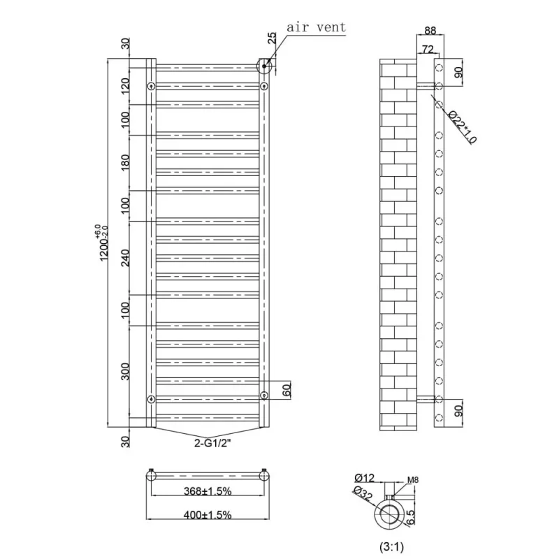 Inox Radiator Stainless Steel 1200×400 detail view - Image 2