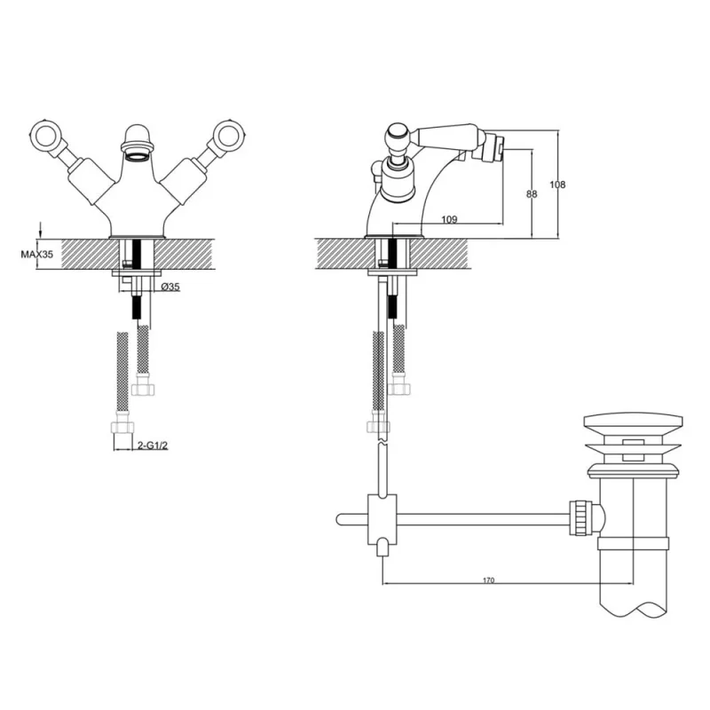 Just Taps Grosvenor Bidet Mixer With Pop Up Waste detail view - Image 2
