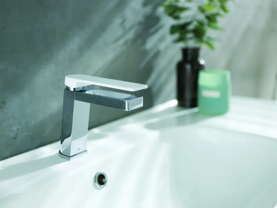 Just Taps Axel Single Lever Basin Mixer Matt White Handle Chrome product image - Image 1
