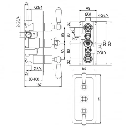Just Taps Grosvenor Lever -Therm 2 Outlet Valve Horizontal Matt Black detail view - Image 2