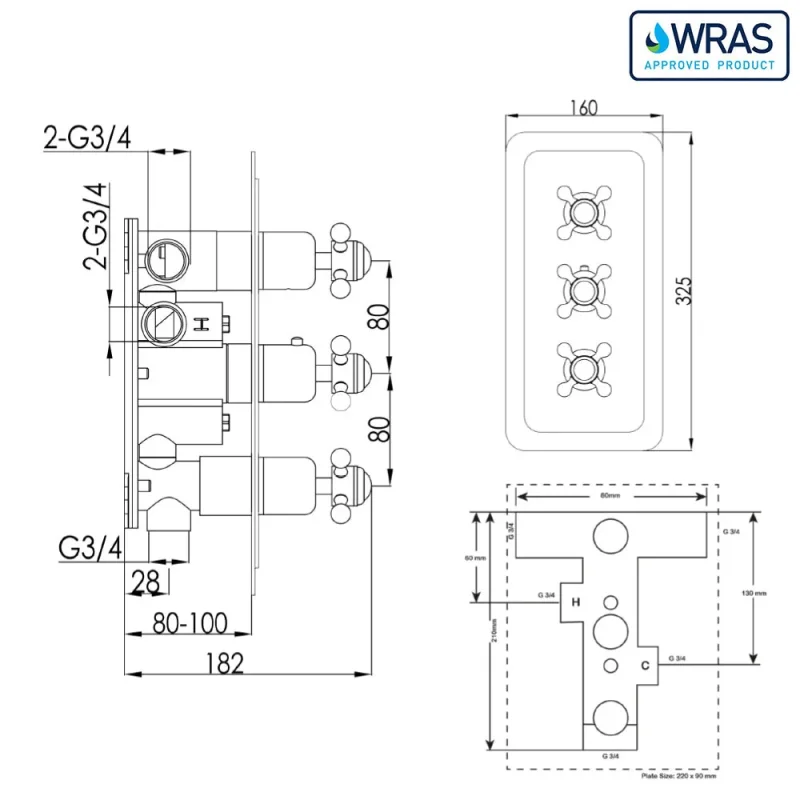 Just Taps Grosvenor Cross Concealed Thermostatic 3 Outlet Valve Vertical Light Gold detail view - Image 2