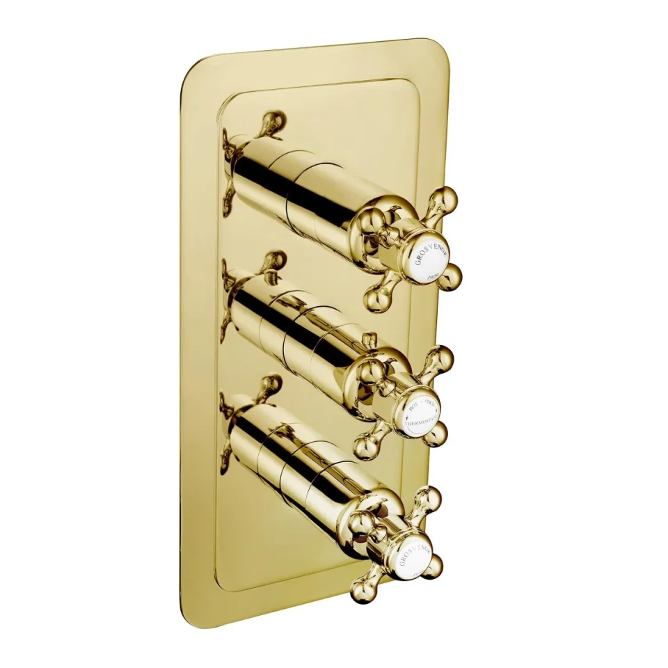 Just Taps Grosvenor Cross Concealed Thermostatic 3 Outlet Valve Vertical Light Gold detail view - Image 3