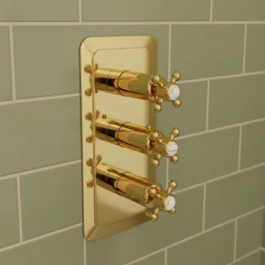Just Taps Grosvenor Cross Concealed Thermostatic 3 Outlet Valve Vertical Light Gold