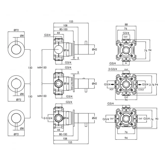 Just Taps Vos Modular 3 Handle 3 Outlet Thermostatic Shower Valve Chrome