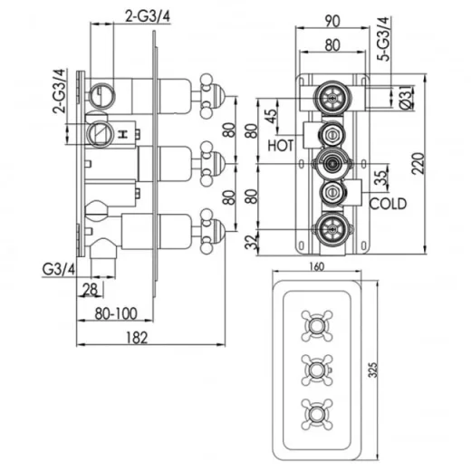 Just Taps Grosvenor Cross Thermo Concealed 2 Outlet Shower Valve Horz detail view - Image 2