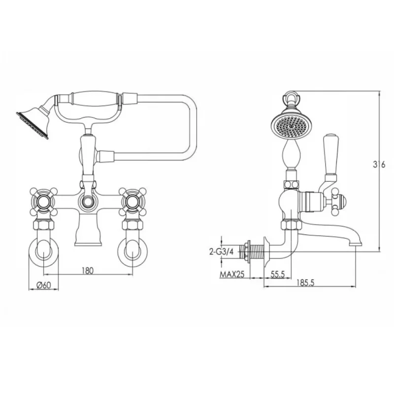 Just Taps Grosvenor Cross Wall Mounted Bath Shower Mixer With Kit Light Gold detail view - Image 2