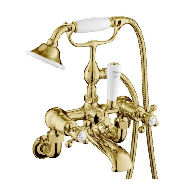 Just Taps Grosvenor Cross Wall Mounted Bath Shower Mixer With Kit Light Gold