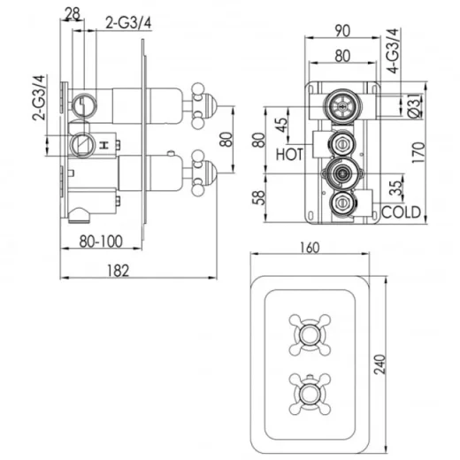 Just Taps Grosvenor Cross Concealed Thermostatic 2 Outlet Valve Chrome detail view - Image 2