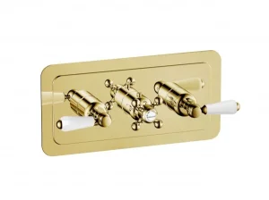 Just Taps Grosvenor Lever Thermostatic 2 Outlet Valve Horizontal Light Gold
