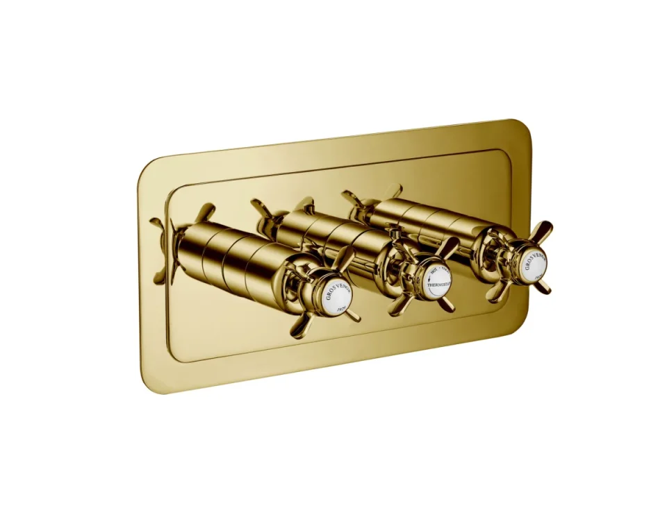 Just Taps Grosvenor Pinch Thermostatic 3 Outlet Valve Horizontal Light Gold product image - Image 1