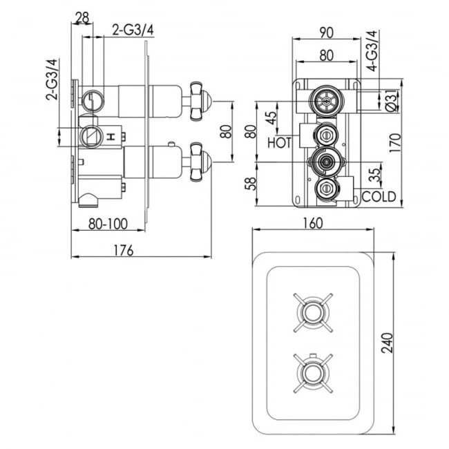 Just Taps Grosvenor Pinch Thermo Concealed 2 Outlet Shower Valve Vertical