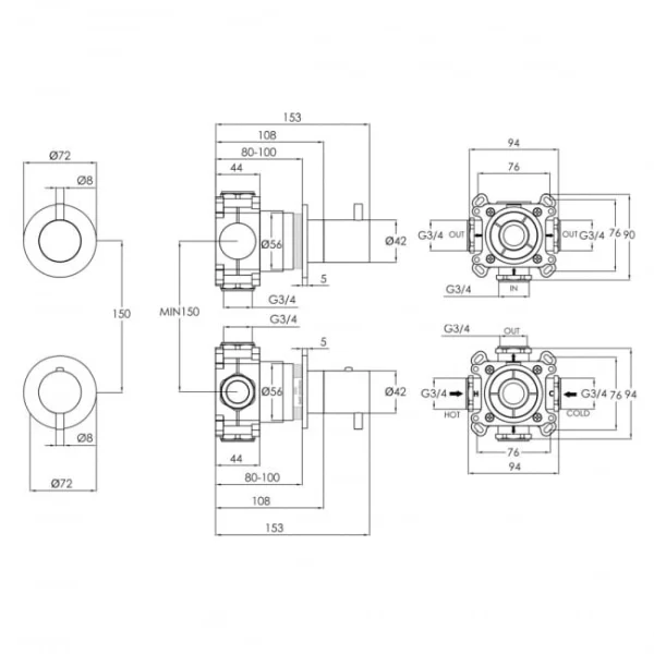 Just Taps Vos Modular 2 Handle 2 Outlet Thermostatic Shower Valve Chrome