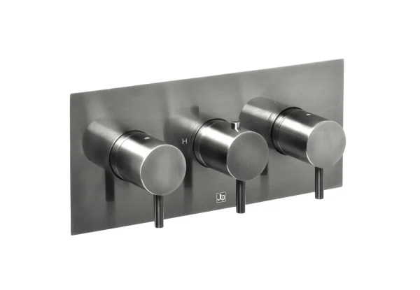 Just Taps Vos Thermostatic Concealed 3 Outlet Shower Valve Designer Handle Brushed Black