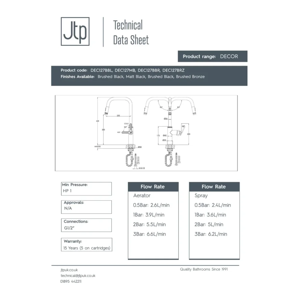 Just Taps Decor Matt Black Single Lever Pull Out Sink Mixer detail view - Image 2