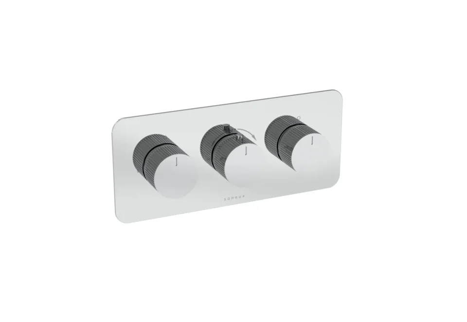 Saneux Cos 2 Way 3 Handle Thermostatic Shower Valve Kit - W/ Fluted Handle - Landscape - Chrome detail view - Image 2
