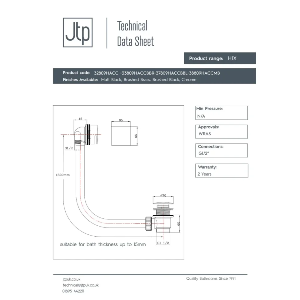 Just Taps Hix Exofil Wth Built In Pop-Up Waste Chrome detail view - Image 2