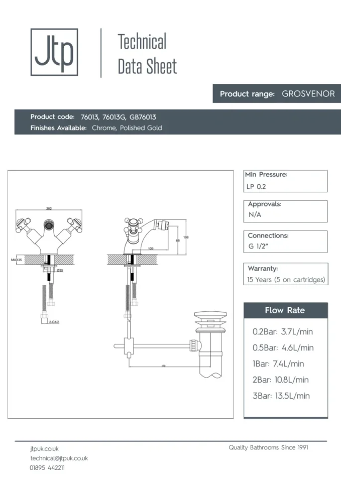 Just Taps Grosvenor Cross Bidet Mixer With Pop Up Waste Chrome detail view - Image 2