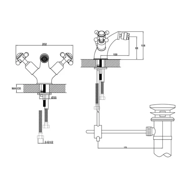 Just Taps Grosvenor Cross Bidet Mixer With Pop Up Waste Chrome detail view - Image 3