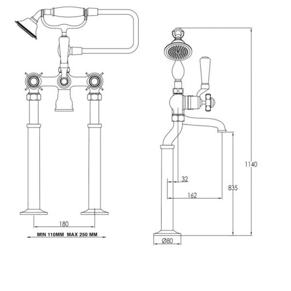 Just Taps Grosvenor Pinch Freestanding Bath Shower Mixer With Kit Nickel