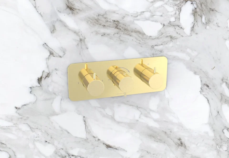 Saneux Eden 3 Way Thermostatic Shower Valve Kit In Landscape - Brushed Brass detail view - Image 2
