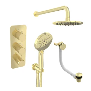 Saneux Eden 3 Way Shower Kit - W/ 3 Function Handset & Bath Filler & Shower Head - Brushed Brass