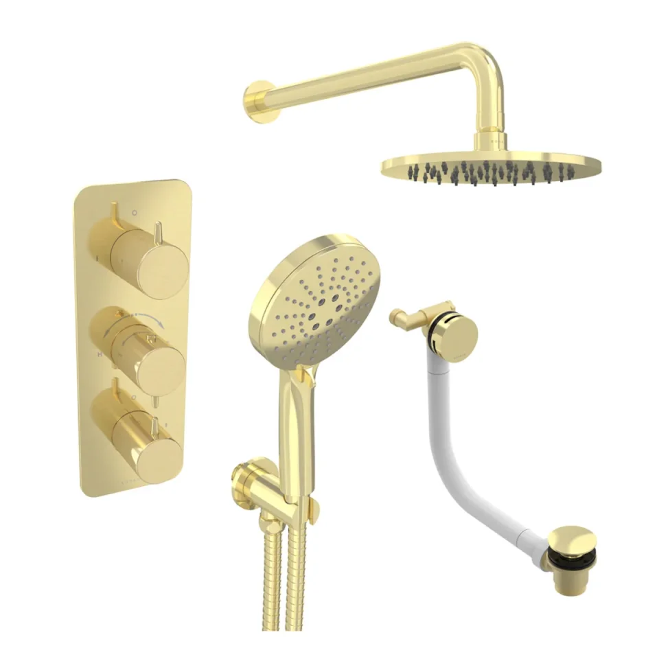 Saneux Eden 3 Way Shower Kit - W/ 3 Function Handset & Bath Filler & Shower Head - Brushed Brass product image - Image 1