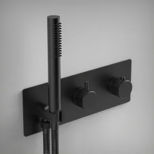 Ava Fluted 2 Way 2 Handle Thermostatic Valve With Built In Hand Shower W/3 Hole Backplate 3.0 - Brushed Black