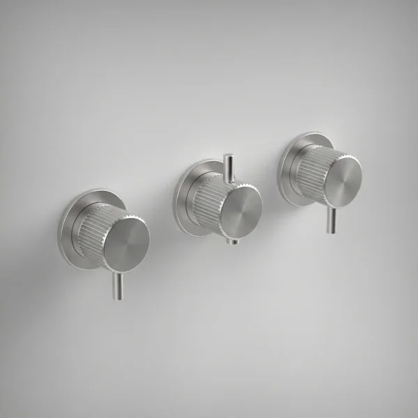 Ava Fluted 2 Way 3 Handle Thermostatic Valve W/ Flanges - Brushed Stainless Steel