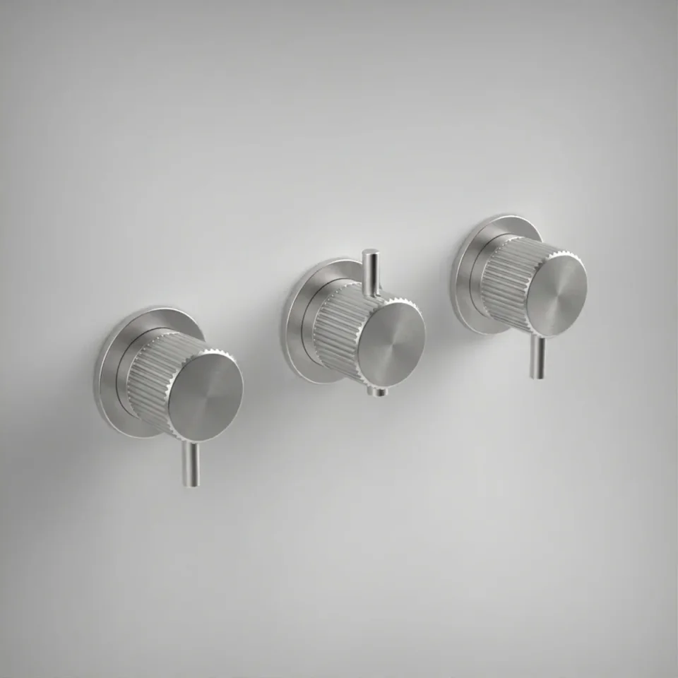 Ava Fluted 2 Way 3 Handle Thermostatic Valve W/ Flanges - Brushed Stainless Steel product image - Image 1